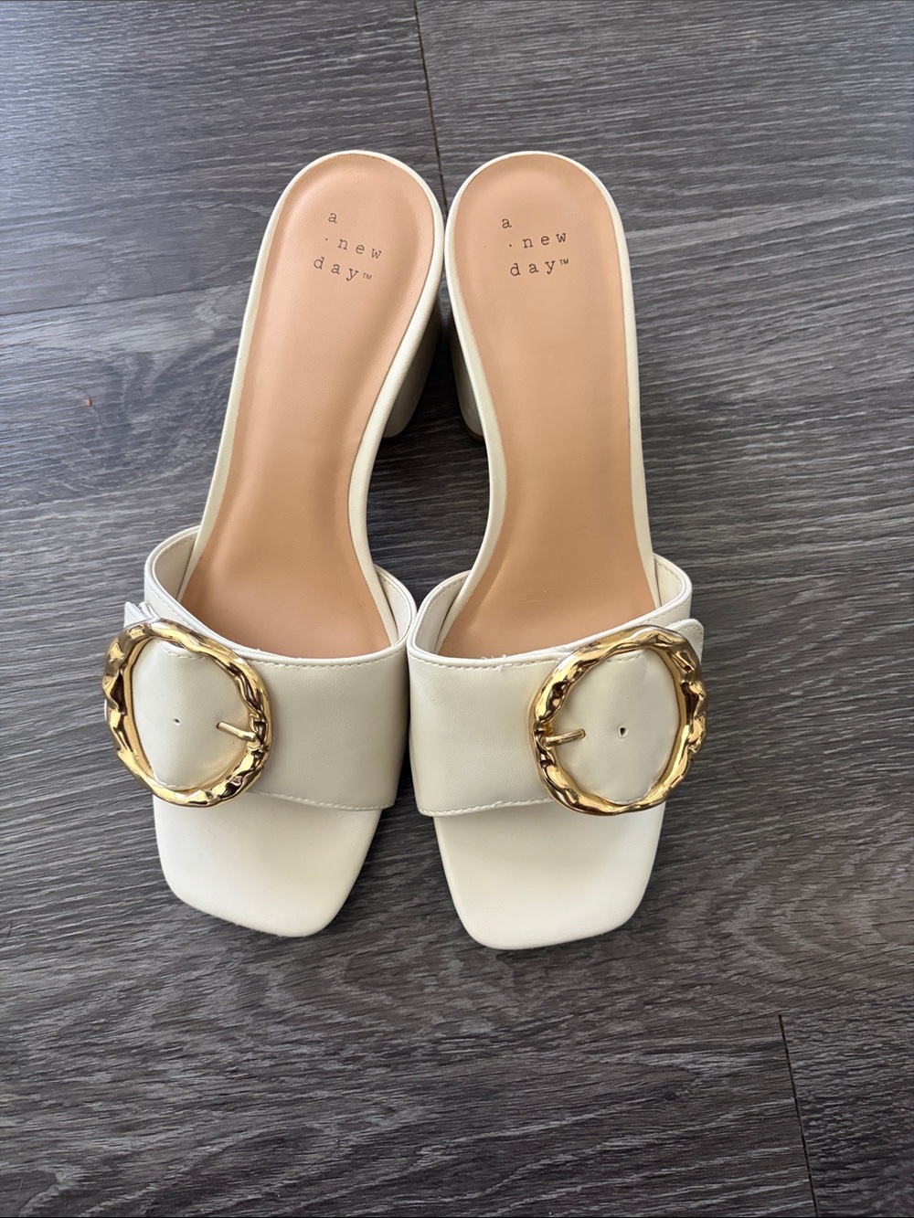 a new day Cream Slide Mules with Decorative Gold Buckles